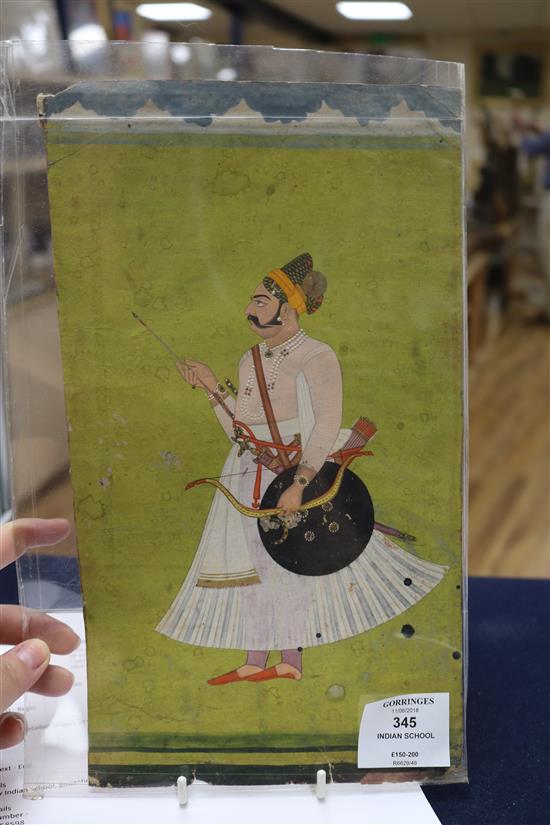 19th century Indian School, gouache on card, portrait of a warrior holding a bow and arrow,